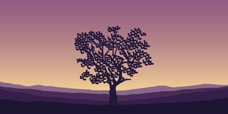 lonely big tree on mountain landscape in purple colors vector illustration EPS10のイラスト素材