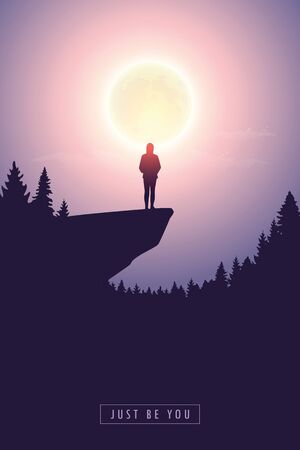 lonely girl silhouette on a cliff by full moon vector illustrationのイラスト素材