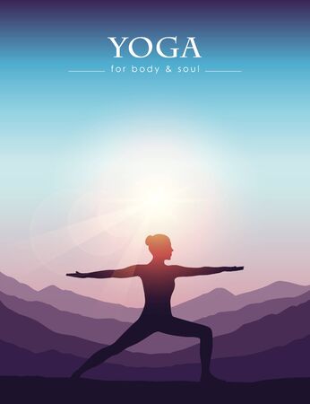girl makes yoga on mountain landscape at beautiful sunset vector illustration EPS10のイラスト素材