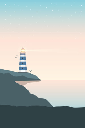 blue lighthouse by the ocean landscape at night vector illustration EPS10のイラスト素材