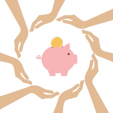 piggy bank with coin in the middle of human hands vector illustration EPS10のイラスト素材