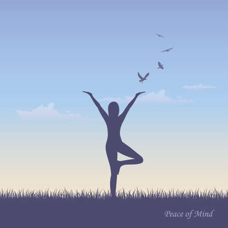 girl makes yoga on summer meadow vector illustration EPS10のイラスト素材