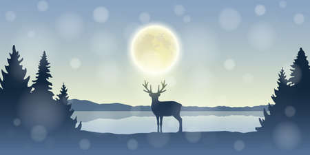 lonely reindeer in snowy winter forest at full moon by the lake vector illustrationのイラスト素材