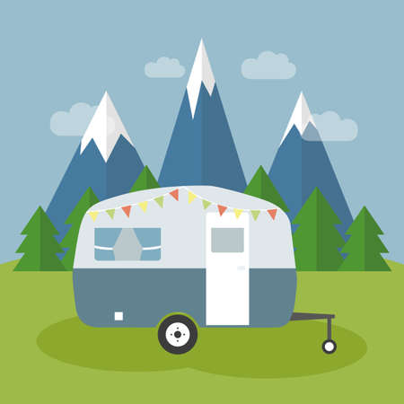 camper in the nature by snowy mountains and forest view vector illustration EPS10のイラスト素材