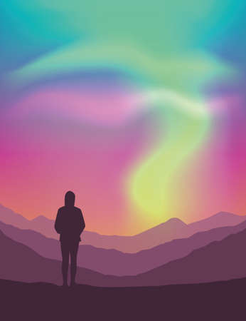 lonely girl on mountain view with beautiful polar lights in colorful sky illustrationのイラスト素材