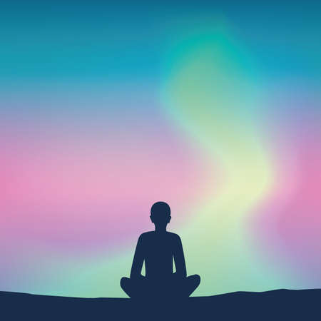 peaceful meditating person on aurora borealis sky backgroundのイラスト素材