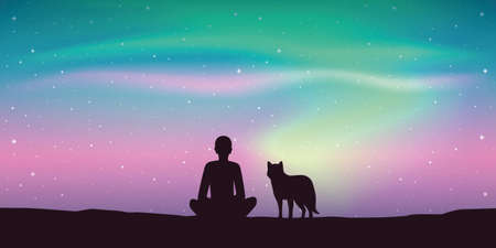 man and his dog enjoy the beautiful aurora borealis in starry sky vector illustration EPS10のイラスト素材