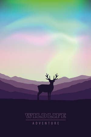 wildlife adventure elk in the wilderness at nothern lights vector illustrationのイラスト素材