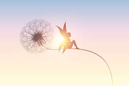 fairy sits on a dandelion silhouetteのイラスト素材