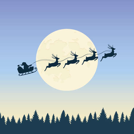 christmas banner santa claus in a sleigh with reindeer by full moon vector illustration EPS10のイラスト素材