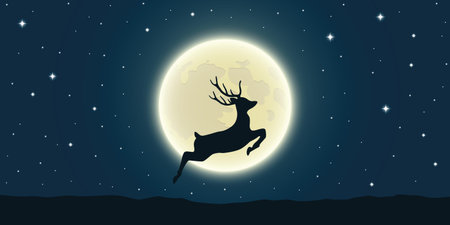 jumping deer at the full moon and starry sky vector illustration EPS10のイラスト素材