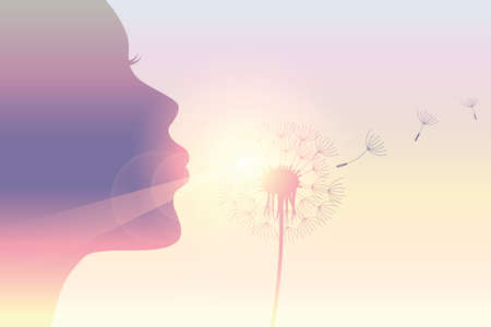 girl blows dandelion silhouette on sunny sky vector illustration EPS10のイラスト素材