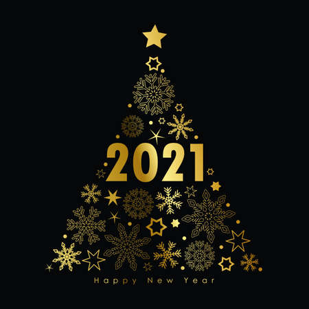 2021 golden christmas tree with snowflakes and stars on a black backgroundのイラスト素材