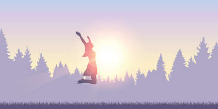 happy girl with raised arms jumps at sunshine vector illustration EPS10のイラスト素材