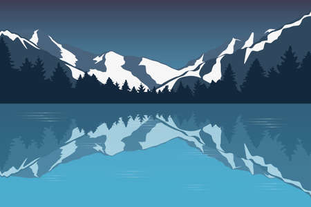 blue snowy mountain landscape by the lake winter background vector illustration EPS10のイラスト素材