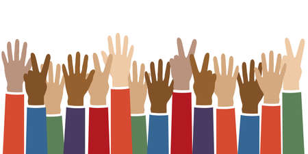 raised hands in different skin colors peace concept isolated on white vector illustrationのイラスト素材