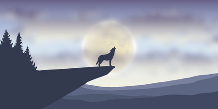 wolf howls at full moon nature landscape vector illustration EPS10のイラスト素材