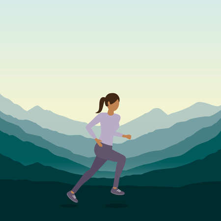 jogging sporty girl on green mountain landscapeのイラスト素材
