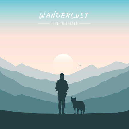 wanderlust girl and dog looking in to the mountain nature landscapeのイラスト素材