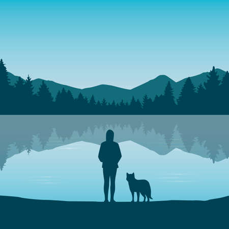 wanderlust girl and dog by the lake in green natureのイラスト素材