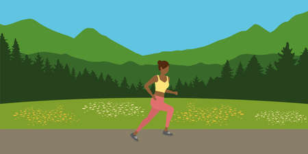 jogging sporty girl on summer mountain landscapeのイラスト素材