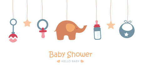 baby welcome greeting card for childbirth with hanging utensilsのイラスト素材