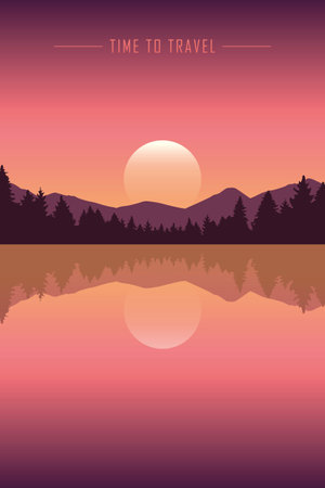 time to travel peaceful lake with mountain and forest viewのイラスト素材