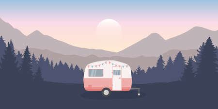 wanderlust camping adventure in the wilderness with camperのイラスト素材