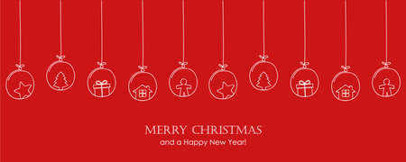 red christmas card with tree balls decoration on red backgroundのイラスト素材