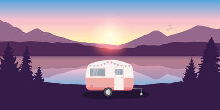wanderlust camping adventure in the wilderness with camper by the lakeのイラスト素材