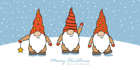 christmas greeting card with cute christmas dwarf and snowy landscapeのイラスト素材