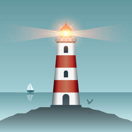 shining lighthouse at sunset with flying birdsのイラスト素材