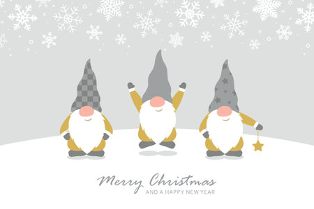 christmas greeting card with cute christmas dwarf and snowy landscapeのイラスト素材