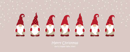 christmas greeting card with cute christmas dwarf and snowy landscapeのイラスト素材