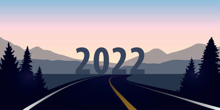 blue asphalt road forest landscape direction year 2022のイラスト素材