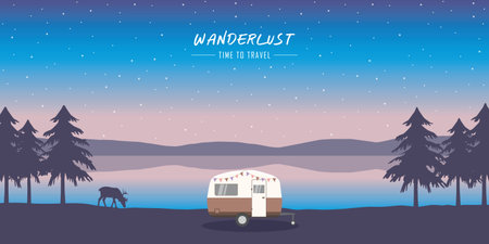 wanderlust camping adventure in the wilderness with camper and deerのイラスト素材