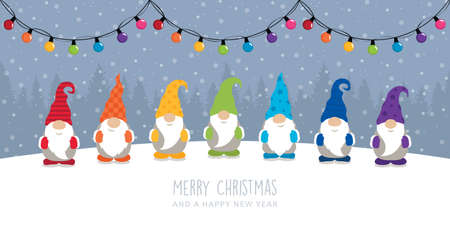 christmas greeting card with cute christmas dwarf in rainbow coloursのイラスト素材