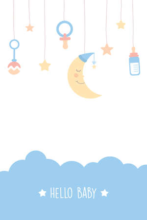 hanging sleeping moon and stars in sky childhoodのイラスト素材