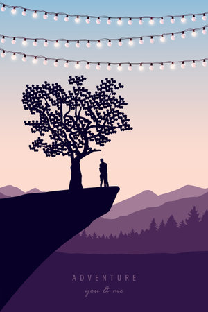 couple in love on a cliff under a tree with mountain viewのイラスト素材