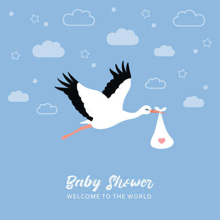baby welcome greeting card with stork in blue skyのイラスト素材