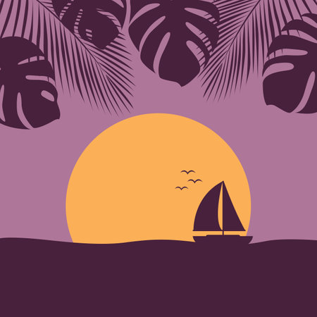sunset at sea with yacht marine nature landscape with sailboat and palm leafのイラスト素材