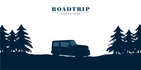 roadtrip adventure travel road with car on blue forest landscapeのイラスト素材