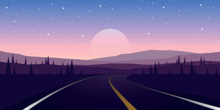 road trip road in the mountains at starry nightのイラスト素材