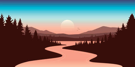 big river in the mountains at beautiful sunset purple landscapeのイラスト素材
