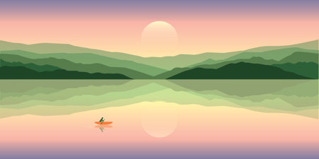 lonely canoeing adventure with red boat on beautiful lakeのイラスト素材