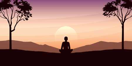 meditating person in yoga pose on beautiful landscape with big trees and mountain view at sunsetのイラスト素材