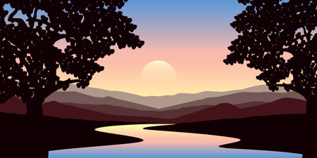 beautiful jungle landscape river and mountain view at sunsetのイラスト素材