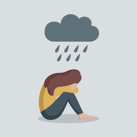 depressed girl sitting alone under dark rainy cloudのイラスト素材