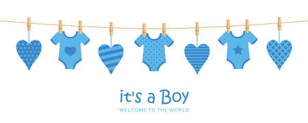 its a boy welcome greeting card for childbirth with hanging hearts and bodysuitsのイラスト素材