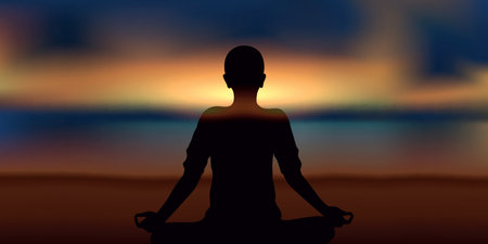 mediating person on the beach at sunsetのイラスト素材